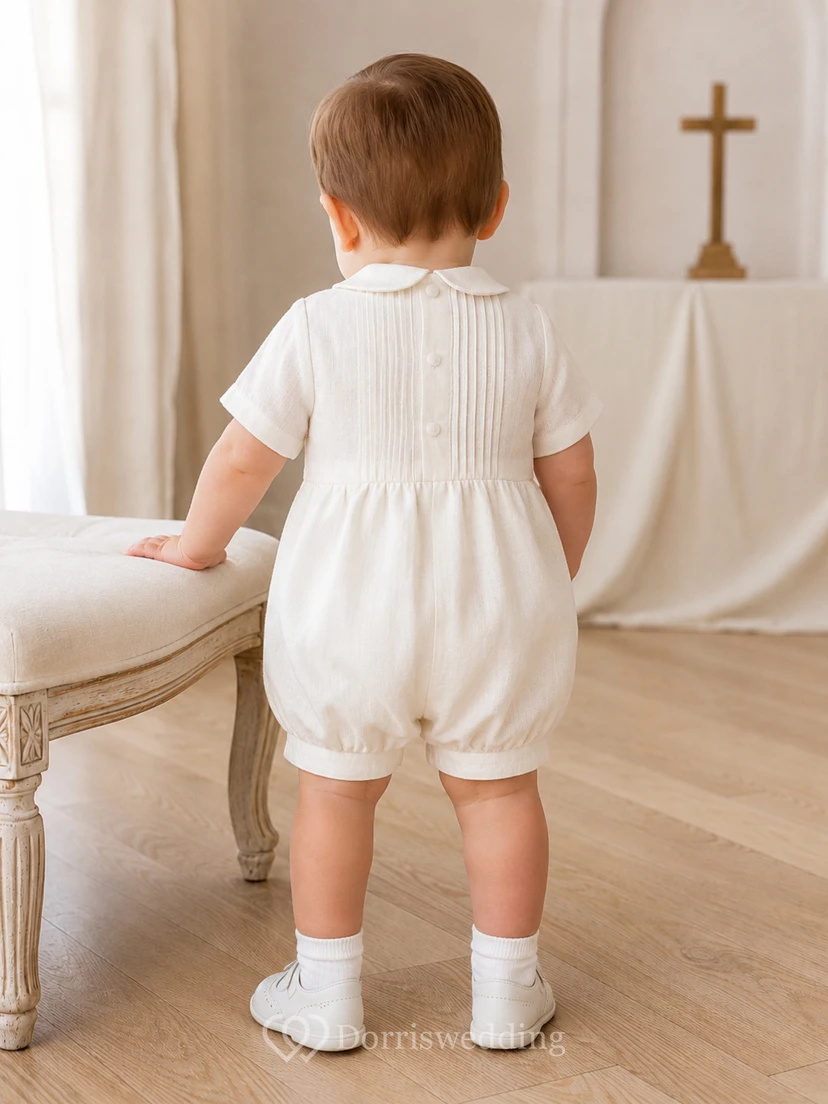 Ivory Narrow Pintuck Peter Collar Short Sleeve Baptism Bubble Romper for Baby Boy view 2