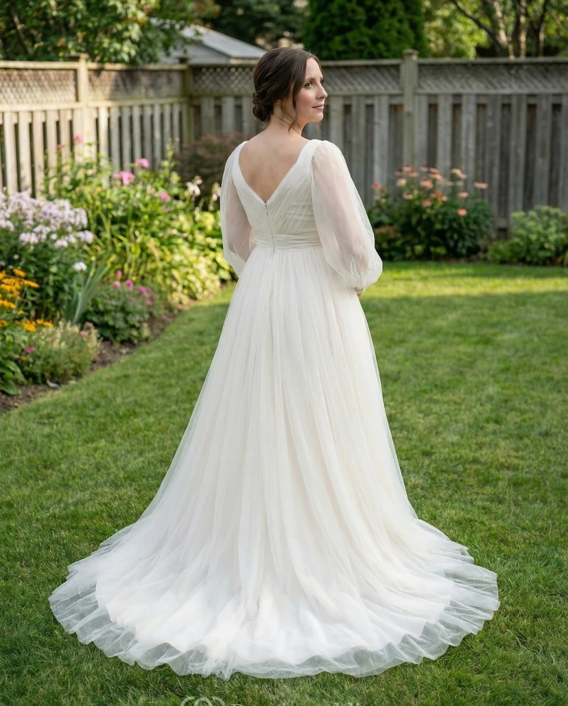 V-Neck Long Sleeve Tulle Maternity Wedding Dress with Flowing Chapel Train view 2