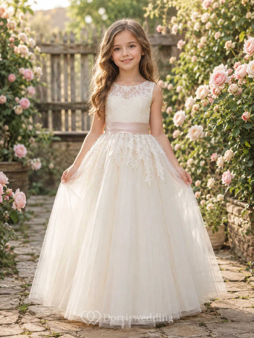Vestido de niña de las flores, color marfil, encaje, tul, corte en A, escote redondo, largo midi, lazo en la espalda.