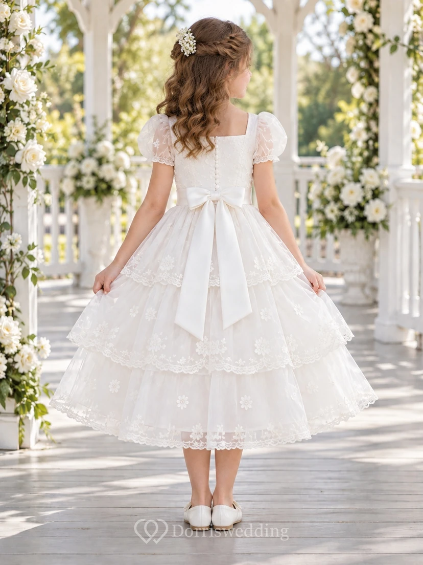 Vestido de niña de flores blanco con escote cuadrado, estampado floral, corte en A, tul, mangas abullonadas y volantes, largo hasta la rodilla. view 2