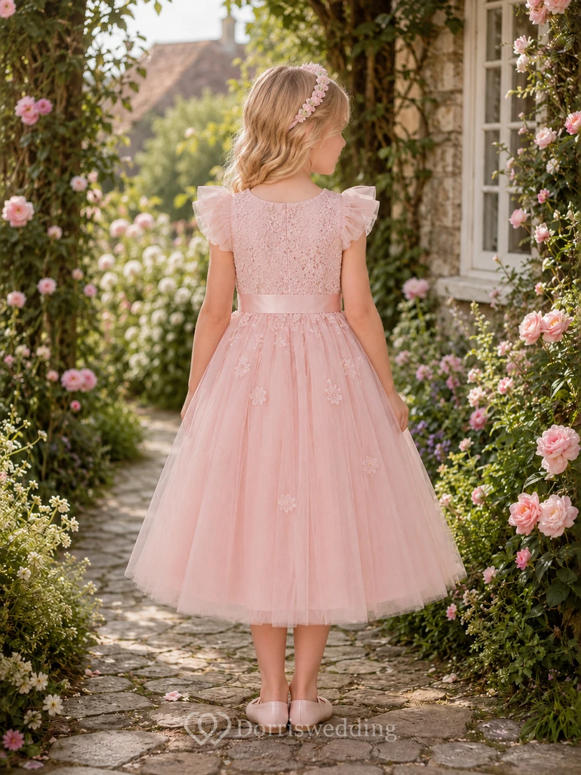 Blumenmädchenkleid aus rosafarbener Spitze und Tüll, A-Linie, Rundhalsausschnitt, Teelänge view 2