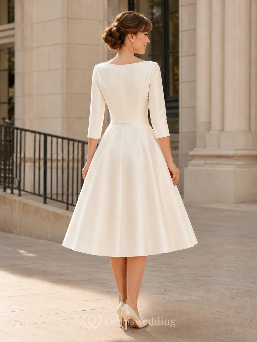 Robe de mariée vintage années 1950, style bateau, manches trois-quarts, en satin, coupe trapèze, longueur thé, idéale pour une cérémonie civile. view 2