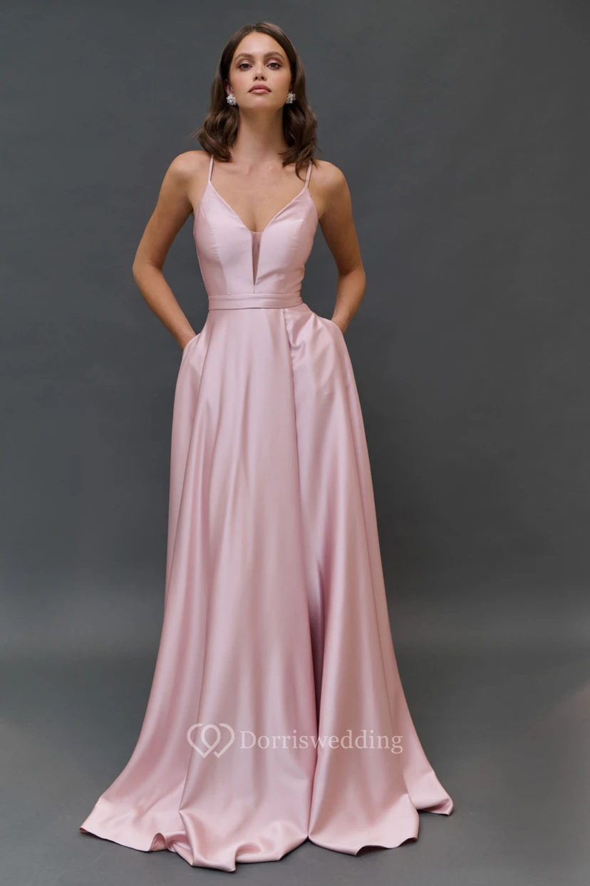 Rosa Spaghetti-Satin-Empire-Kleid mit Kerbe view 3