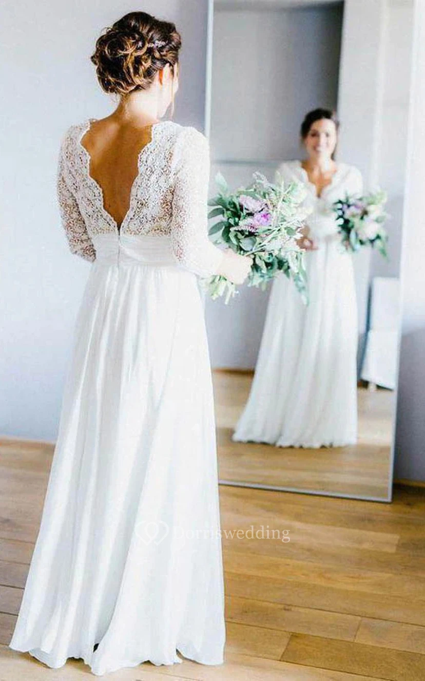Vestido de novia sencillo de gasa con escote en V y manga larga hasta el suelo, estilo imperio. view 5