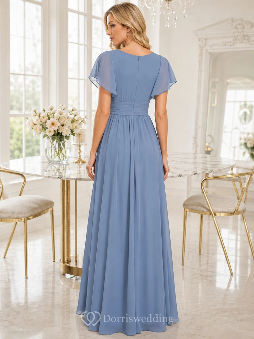 Dusty blue V-neck flutter sleeve chiffon A-line bridesmaid dress view 2