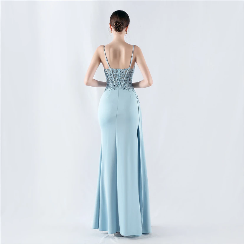 Heavy Hot Diamonds And Flower-Set Waisted Fishbone Satin Evening Dress Annual Meeting Wedding view 24