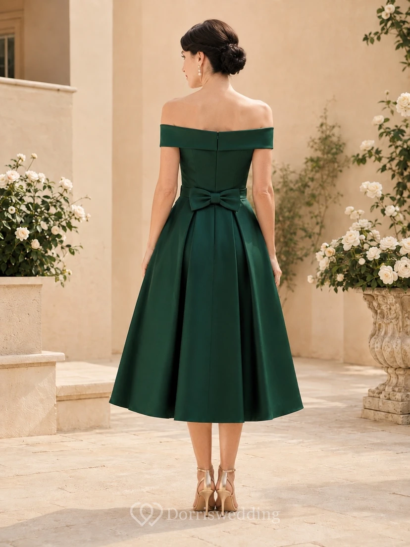 Dark Green Off-the-shoulder Petal Sleeve Satin A-Line Tea-length Romantic Cocktail Dress view 2