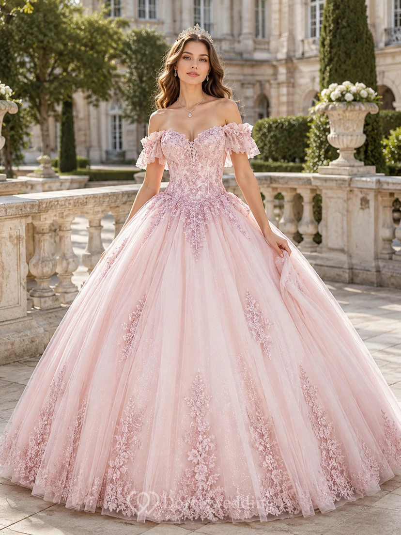 Blush Off Shoulder Applique Tulle Quinceanera Ball Gown