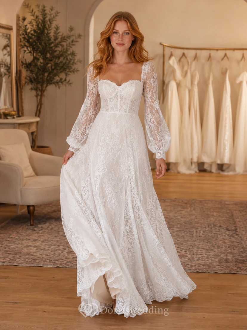Boho-Brautkleid mit langen Ärmeln und Spitze im A-Linien-Stil (Showroom-Bereich)