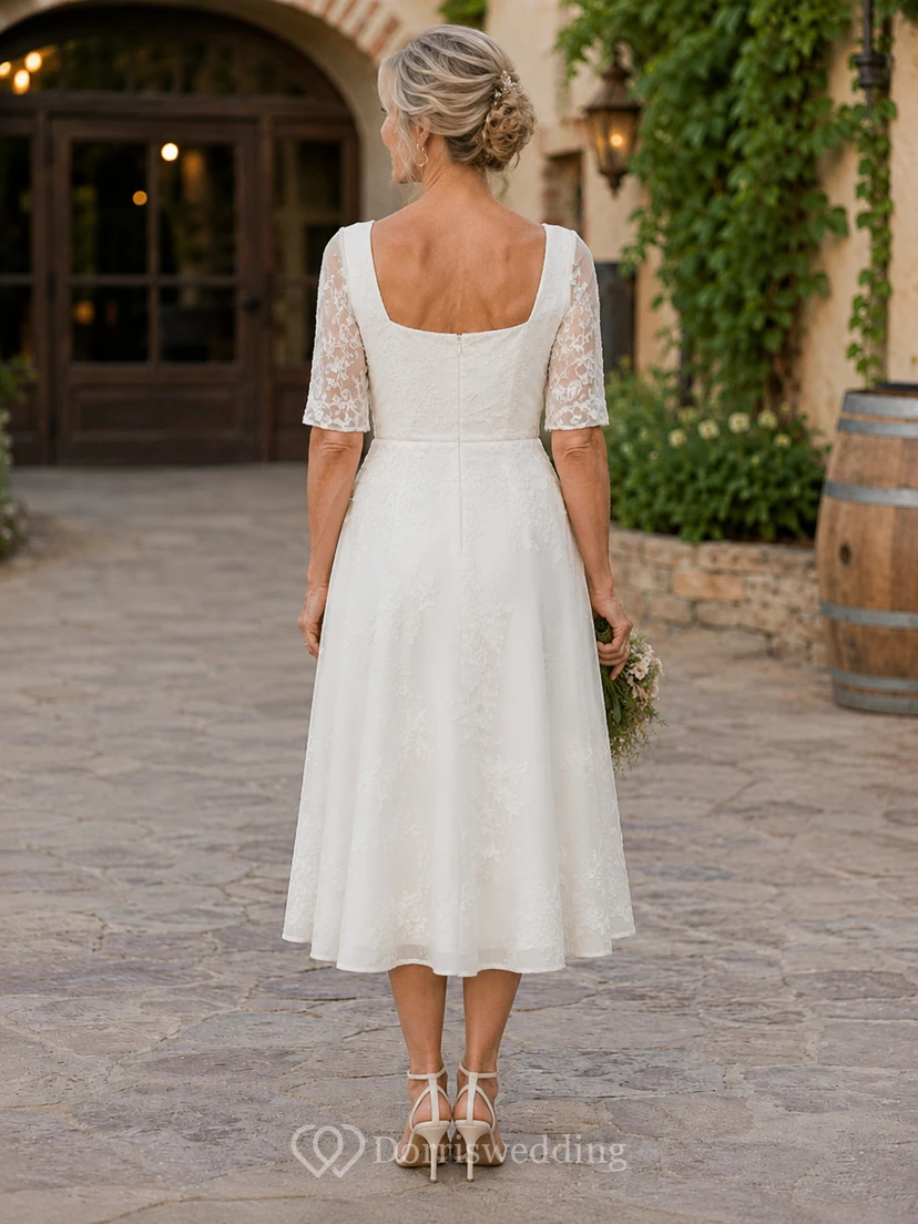 Tea Length Satin Older Brides Wedding Dress with Lace Half Sleeves view 2