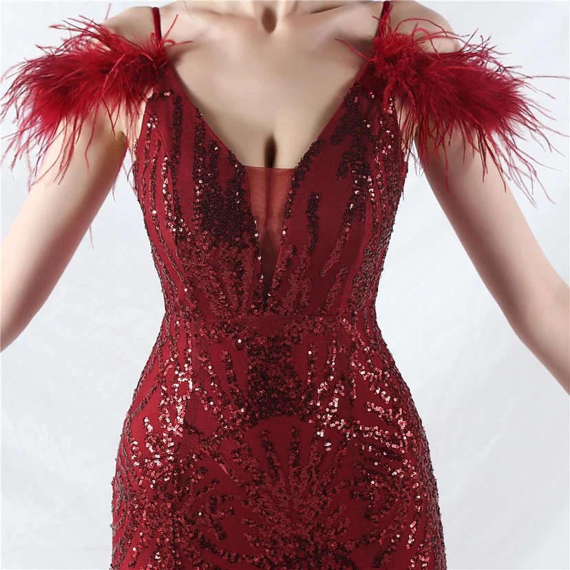 9-farbiges, handgefertigtes Abendkleid aus Kamelfedern, Netzstoff und Pailletten, sexy Trägern view 68