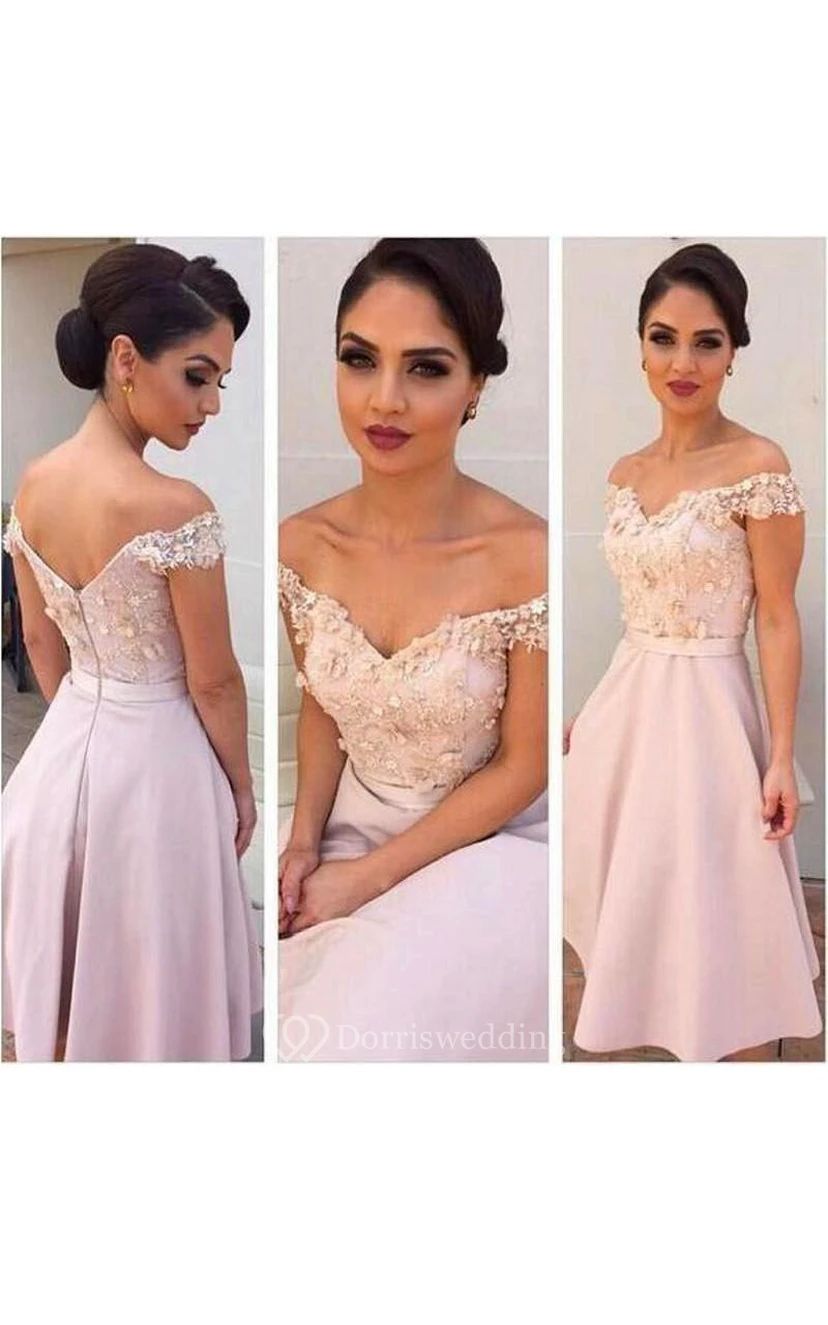 A-line Knee-length Off-the-shoulder Appliques Flower Backless Chiffon Lace Dress view 2