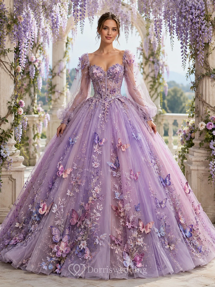 Vestido de quinceañera estilo princesa con cola y mangas abullonadas largas, estilo jardín de mariposas lilas