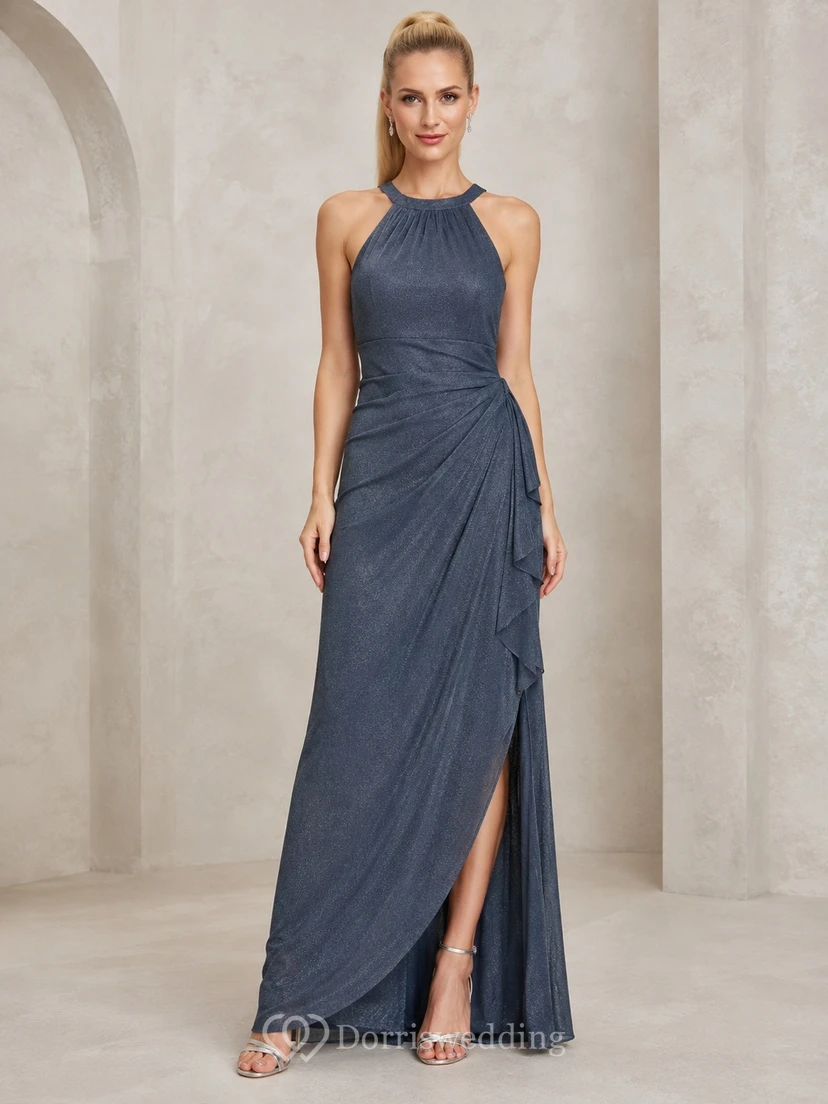 Schieferblaues, gerafftes Chiffon-Abendkleid in A-Linie mit Neckholder und Schlitz, bodenlang