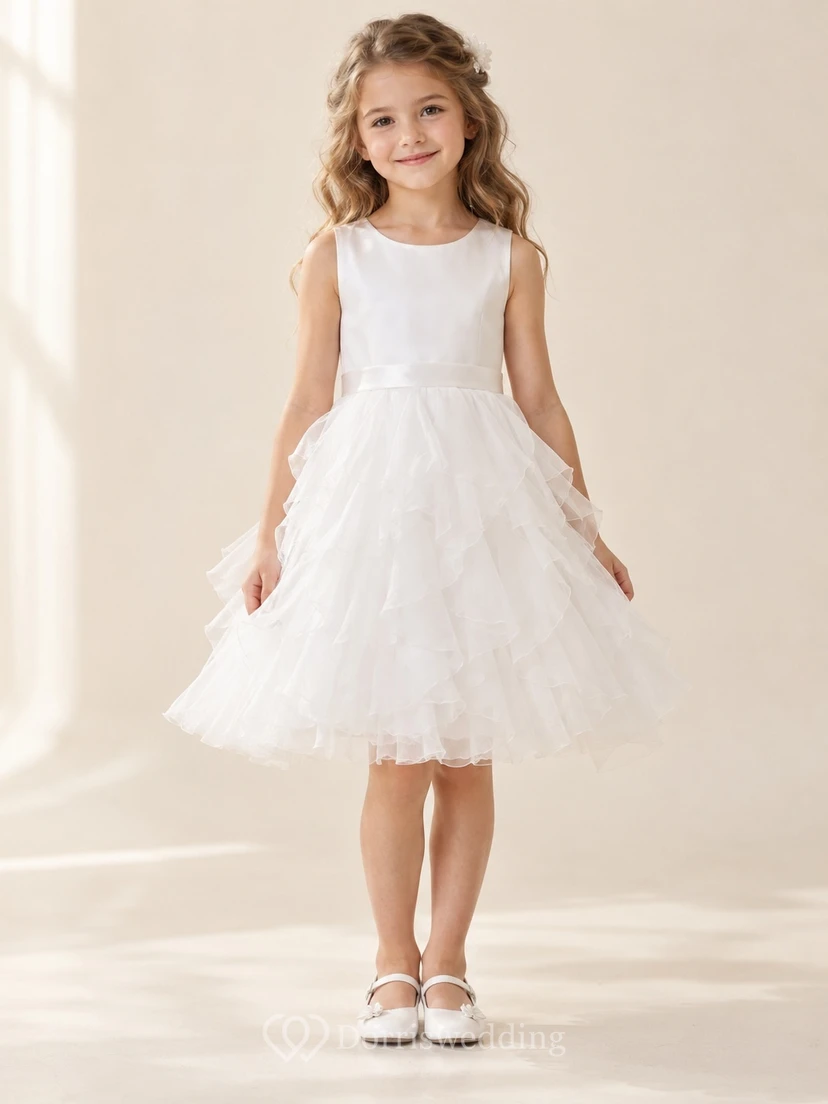 Short White Sleeveless Scoop Satin Waistband Cascading Ruffle Tulle A-Line Flowergirl Dress