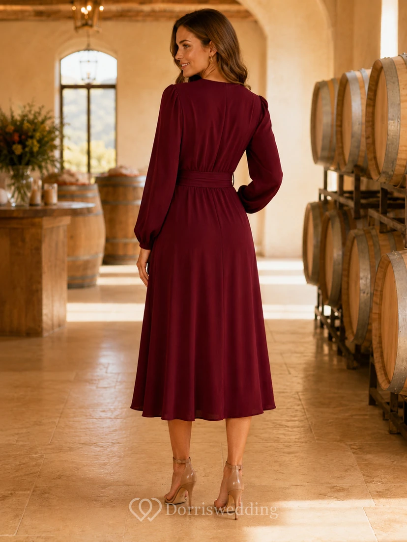 Burgundy Long Sleeve Wrap Winery Dinner Midi Dress view 2