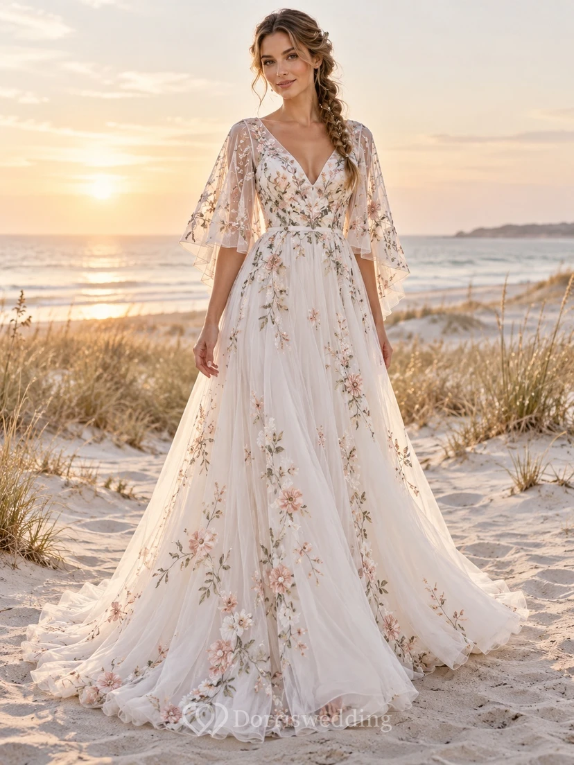 Boho V-neck Pink Floral Embroidered Flutter Cape Bridal Wedding Dress