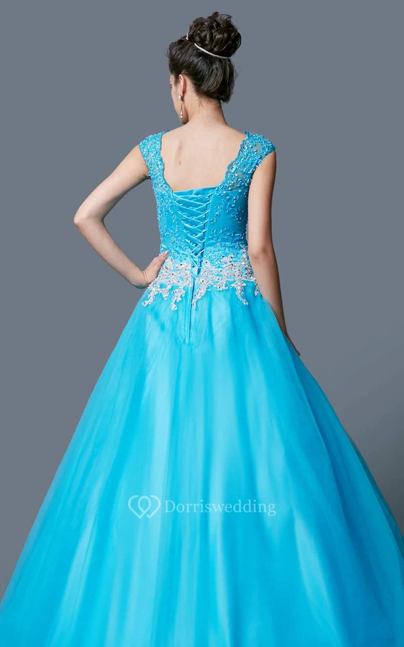 Classic Bateau Neck Lace and Tulle Ball Gown view 4