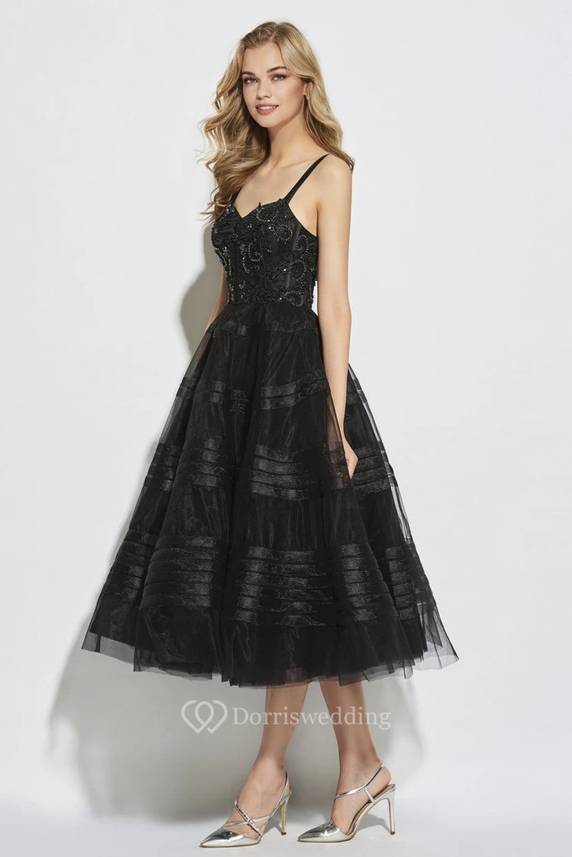 Cute A-line Tea-length Straps Vintage Boned Dress With Sweetheart Neckline And Beading view 3