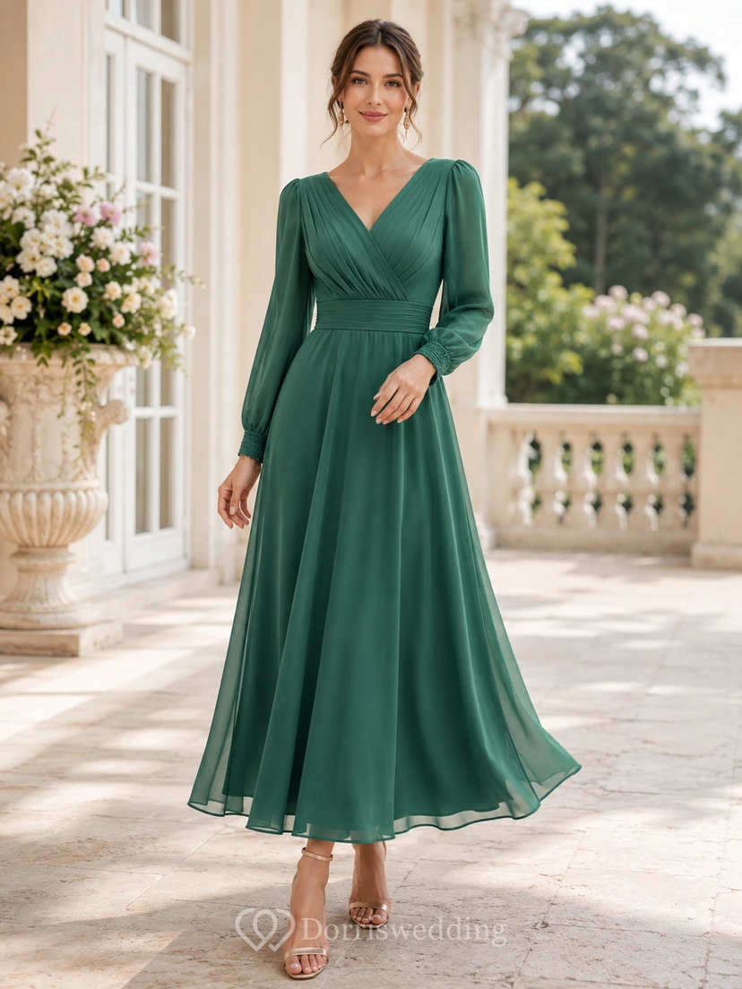 Vestido midi de gasa con escote en V y mangas estilo poeta, color jade.