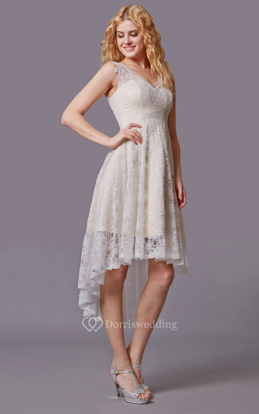 Klassisches, kurzes Brautkleid mit Twist-Verzierung, ärmellos, mit Spitze und asymmetrischem Schnitt view 3