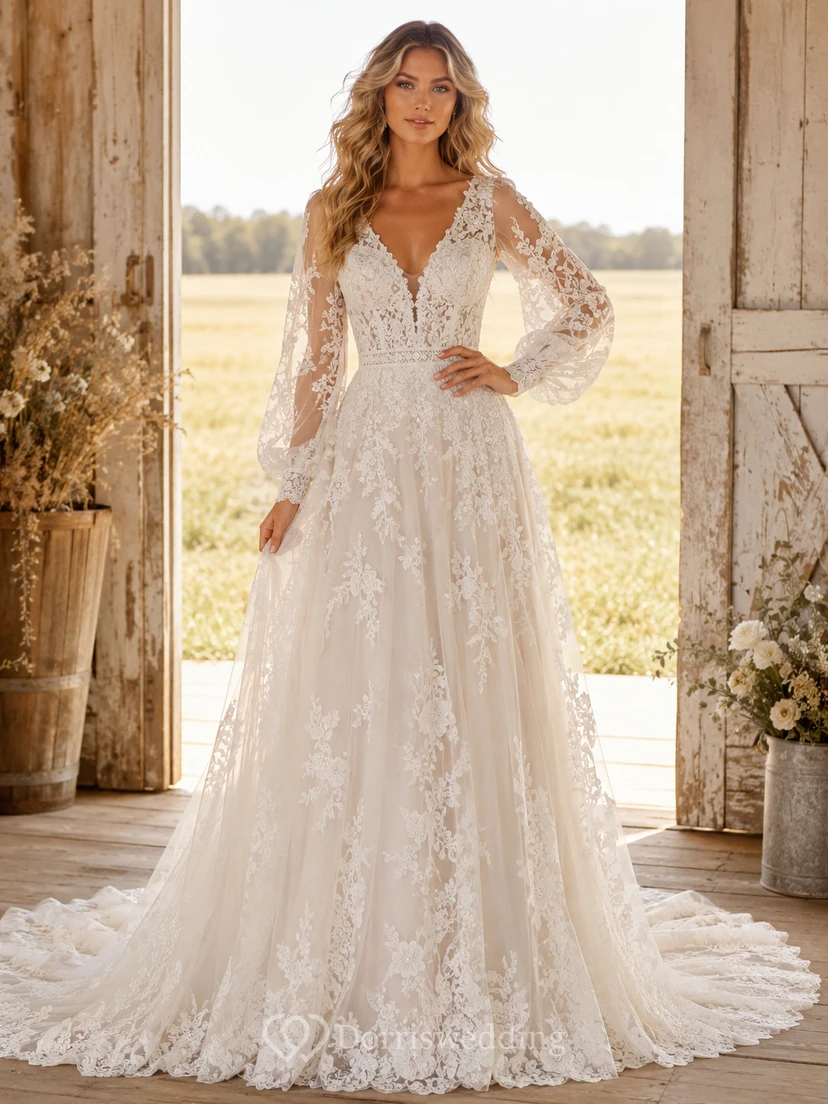 Robe de mariée champêtre en dentelle, coupe trapèze, col en V, manches longues, traîne chapelle