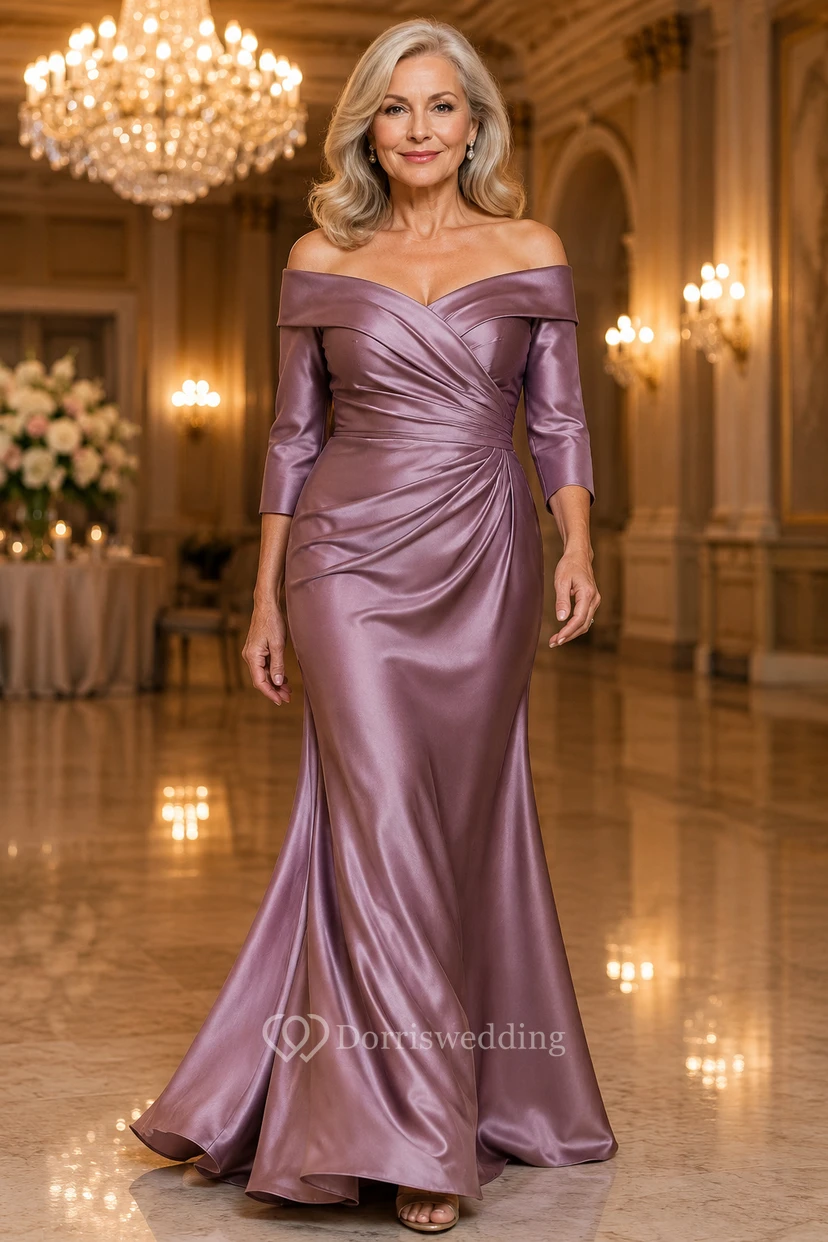 Mauvefarbenes schulterfreies Meerjungfrauen-Kleid aus Stretch-Satin für Mütter