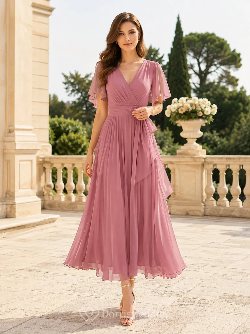 Vestido de cóctel Cerimonia color rosa empolvado con escote en V, mangas acampanadas, plisado, de gasa y corte en A, largo hasta la rodilla.