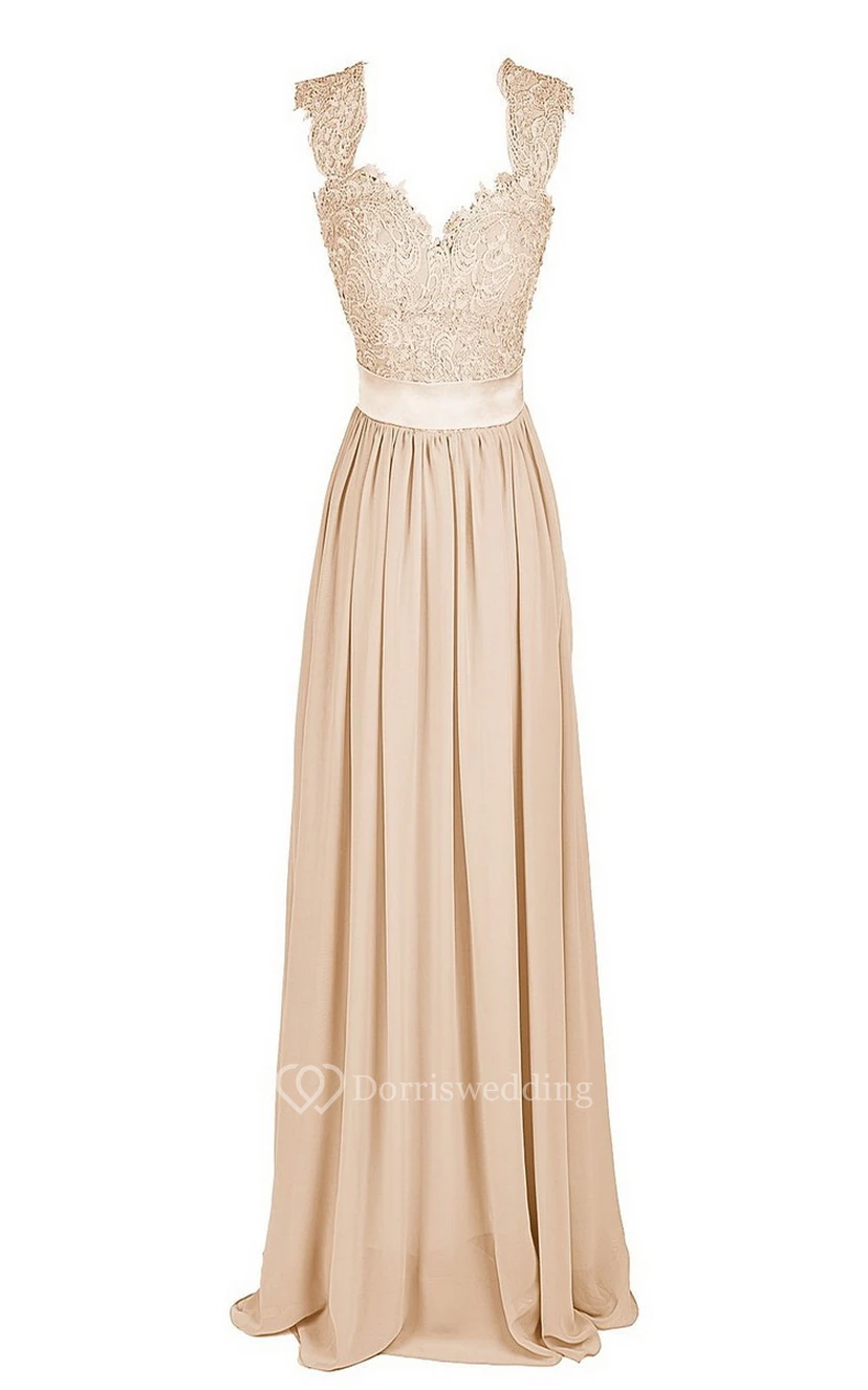 V-neck Long Ruffled Gown With Embroidered Bodice