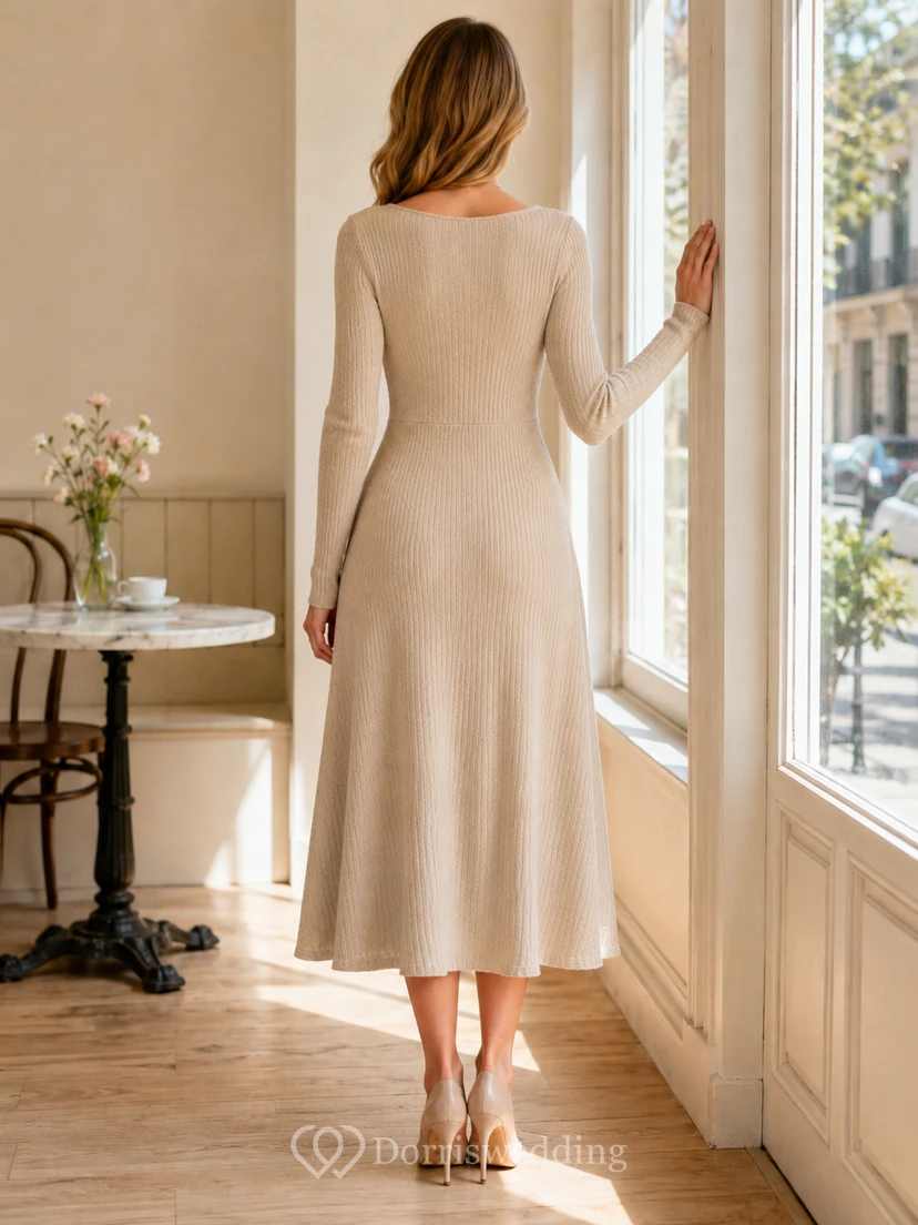 Cremefarbenes Strickkleid mit eckigem Ausschnitt, langen Ärmeln und Midi-Länge, Kaffeebraun view 2