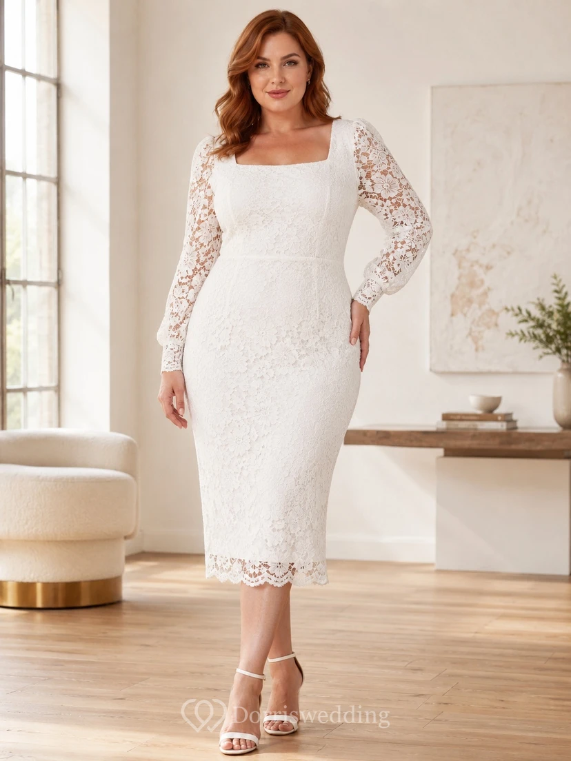 Vestido largo de encaje blanco de talla grande con cuello cuadrado y mangas largas, corte lápiz, largo hasta la rodilla.