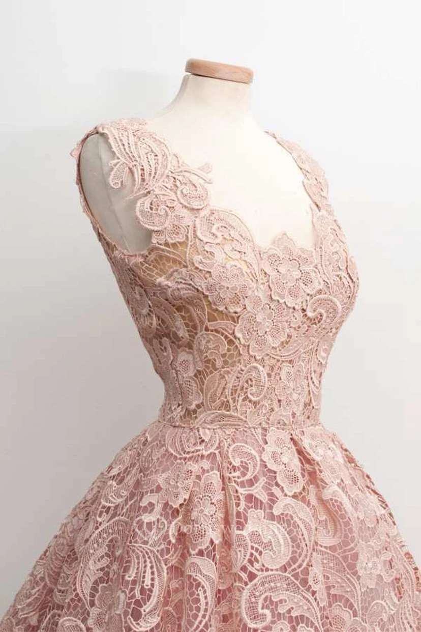 Low V Neckline A-line Knee Length Lace Dress view 13