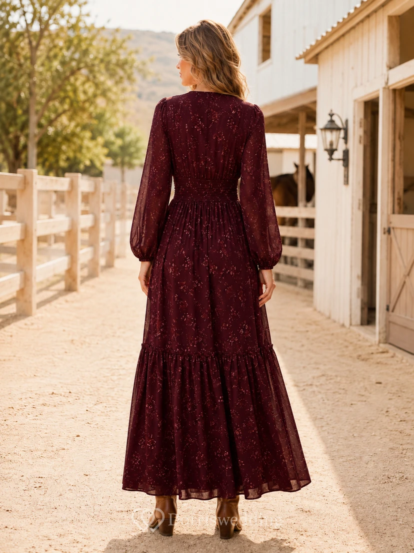 Bordeauxrotes Folklore-Kleid in A-Linie, knöchellang, V-Ausschnitt, lange Ärmel, Spitze, Bohemian-Stil view 2