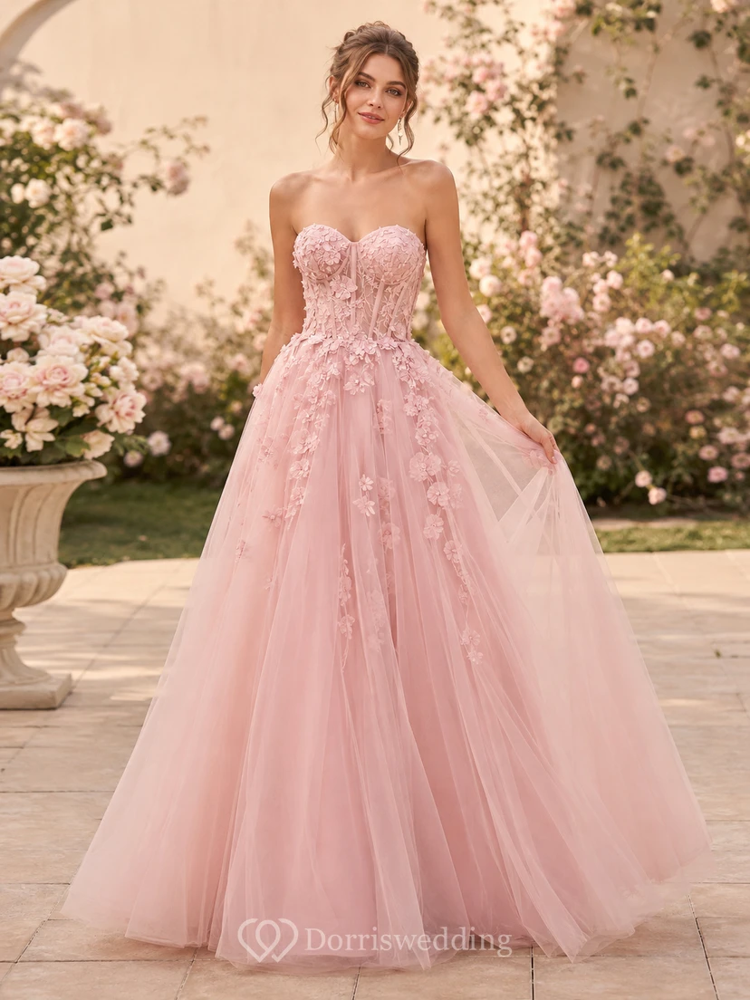 Vestido de gala largo color rosa sin tirantes con apliques de tul y escote corazón, Perú Promoción