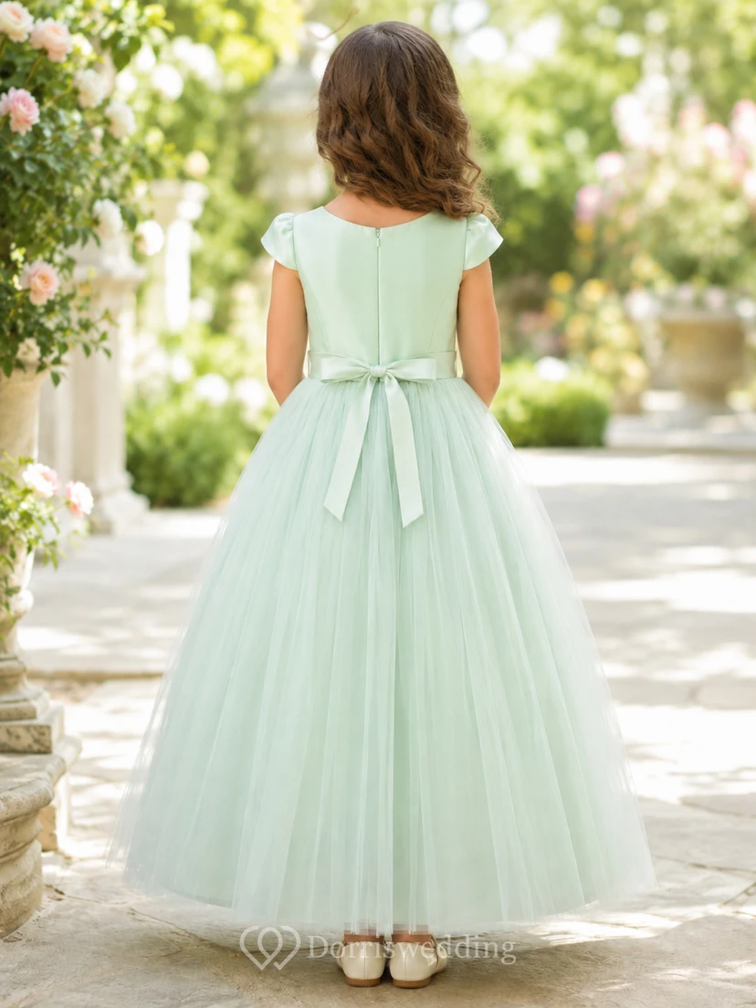 Mint Flutter Sleeve Tulle A-Line Flower Girl Dress with Jewel Neck and Tea-Length Skirt view 2