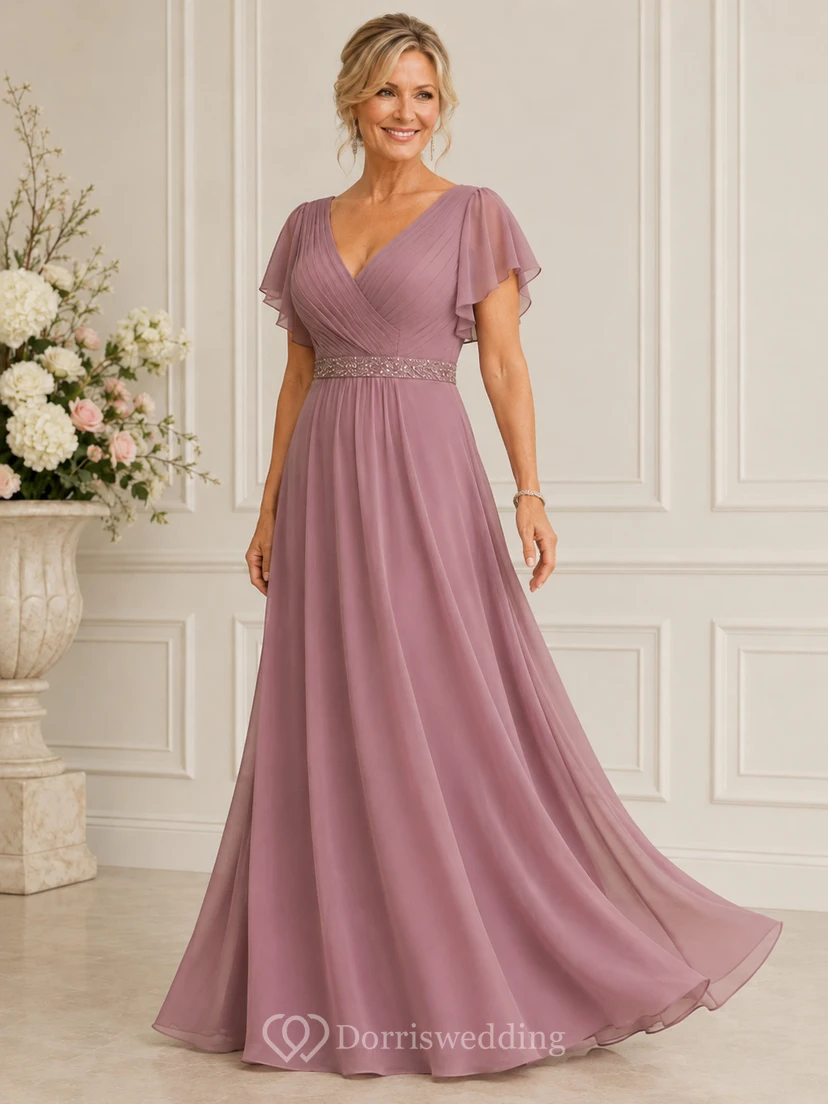 Robe de mère en mousseline à manches courtes, col en V et coupe trapèze, ornée de perles view 3