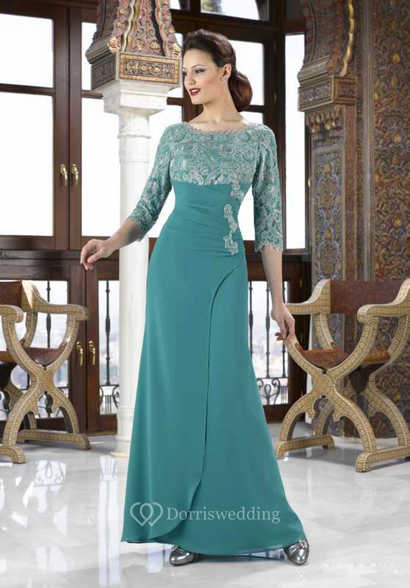 3-4 Ärmel, Rundhalsausschnitt, appliziertes Jersey-Kleid für die Mutter der Braut