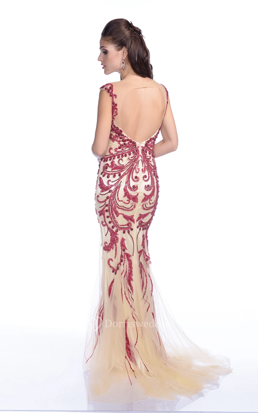 Mermaid Tulle Cap Sleeve Prom Dress With Shining Sequins And Keyhole Back view 2