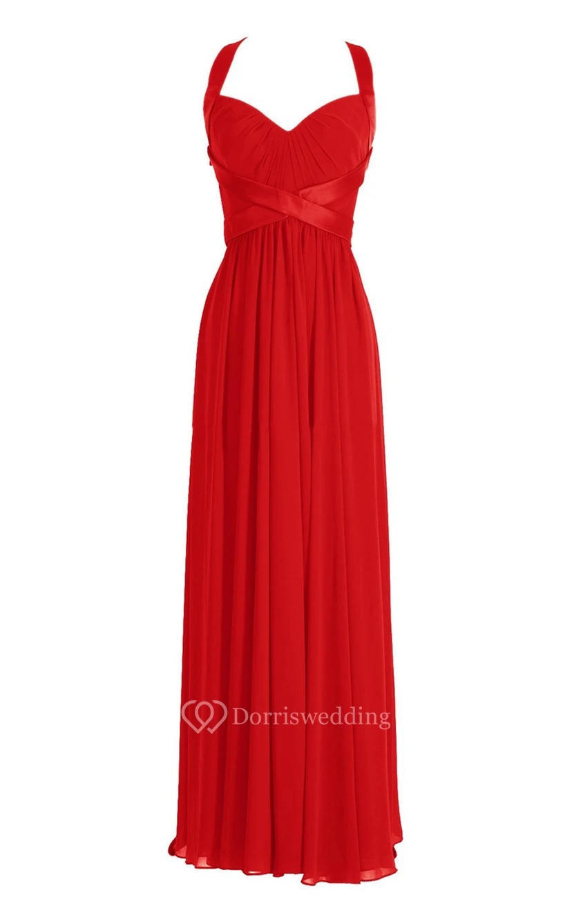 Halter Pleated Chiffon A-line Gown With Deep-v Back view 18