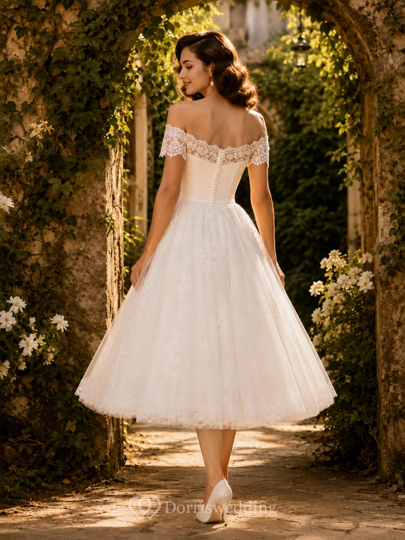 Vintage Off Shoulder Tulle Tea-Length A-Line Wedding Dress view 2