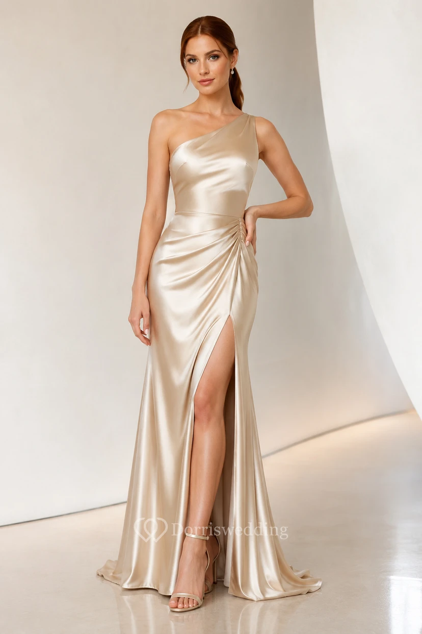 Evening Gown Champagne Satin Sheath One Shoulder Sleeveless with Slit Floor Length