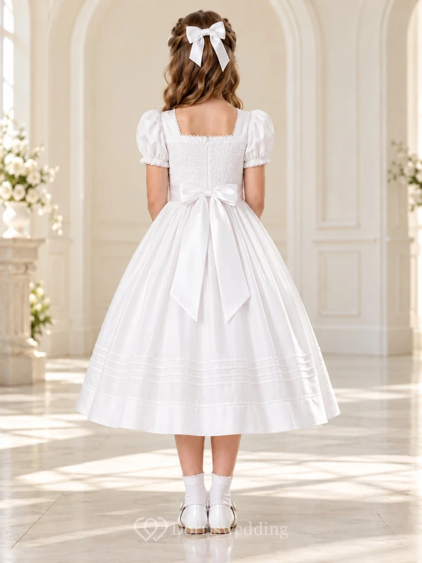 Square Neck Tea-length White Smocked Puff Sleeve Tucked Communion Dress view 2