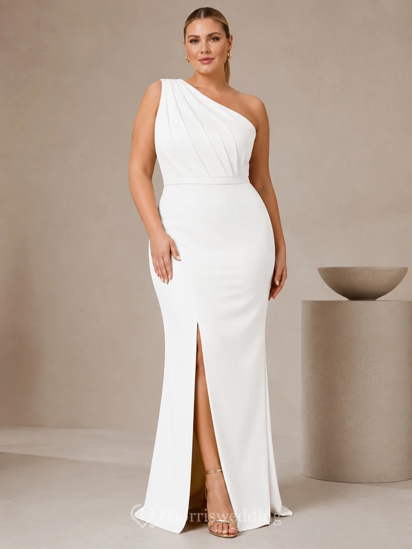 Vestido de maternidad largo hasta el suelo, de talla grande, de un solo hombro, sin mangas, de punto elástico blanco suave, estilo sirena.