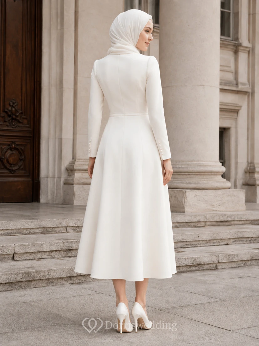 Vestido de novia civil musulmán modesto de cuello alto y manga larga hasta la rodilla view 2