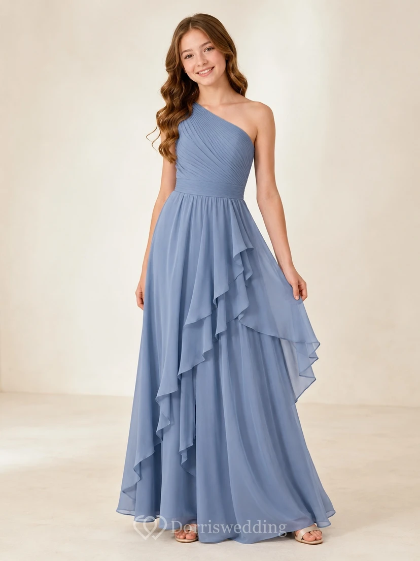 Schieferblaues Brautjungfernkleid für junge Damen, A-Linie, schulterfrei, ärmellos, Chiffon, elegant
