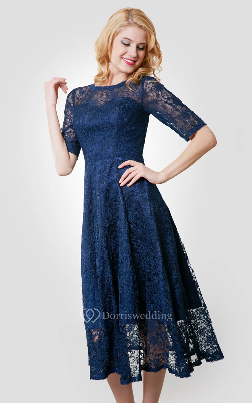 Half Sleeve Lace Tea Length Dress With Jewel Neckline view 4