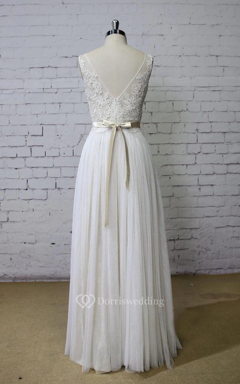 Scoop Neck A-Line Tulle and Lace Vow Renewal Dress With Pleats and Satin Sash view 3