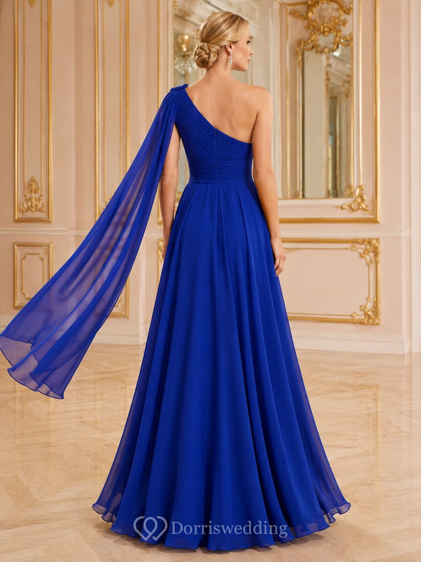 Königsblaues, schulterfreies Chiffon-Cape-Ballkleid view 2