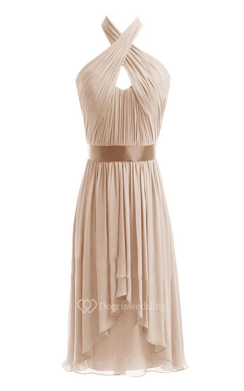 Sleeveless Short Chiffon Dress With Crisscross Neck