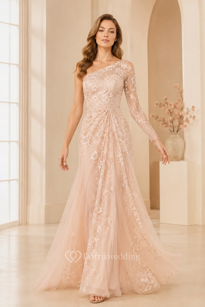 Blushing Pink One-Shoulder Glitter Tulle A-Line Formal Dress with Applique